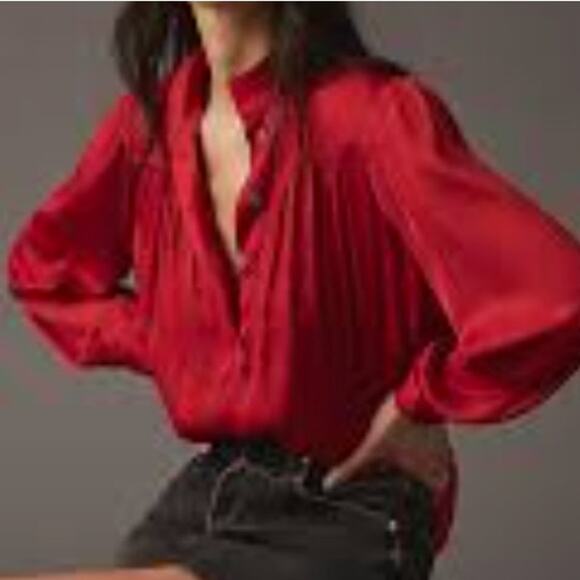 BY ANTHROPOLOGIE Relaxed Shimmer Popover Blouse Top Burgundy S Office Siren - Picture 1 of 7